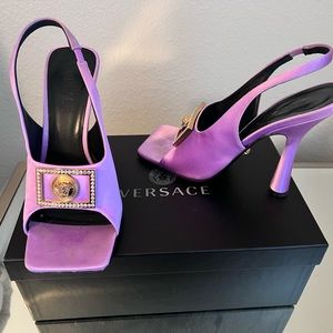 Versace Pink Purple Satin Slingback Heels with Medusa Accent